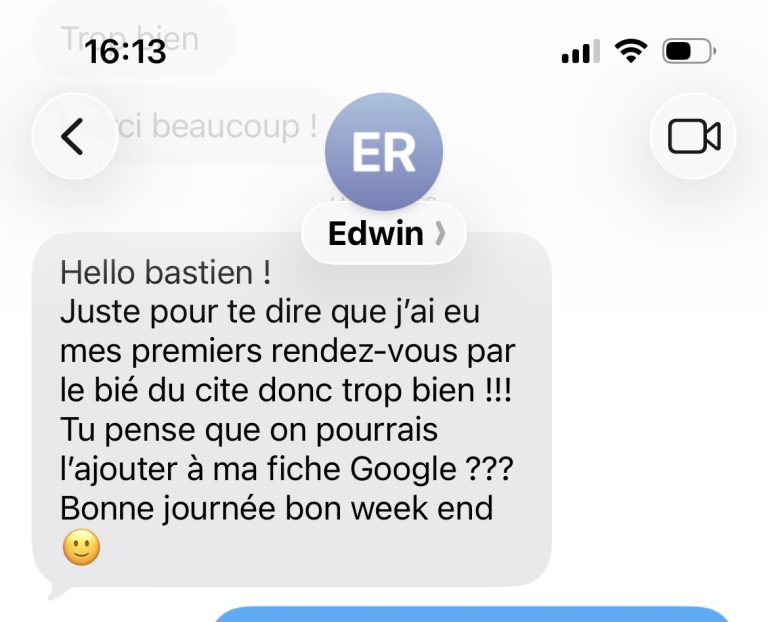 Capture d'écran d'un message de l'avis client laissé par l'entreprise Raynal (Velux) suite à la création de son site internet par Bastien Dubroca.